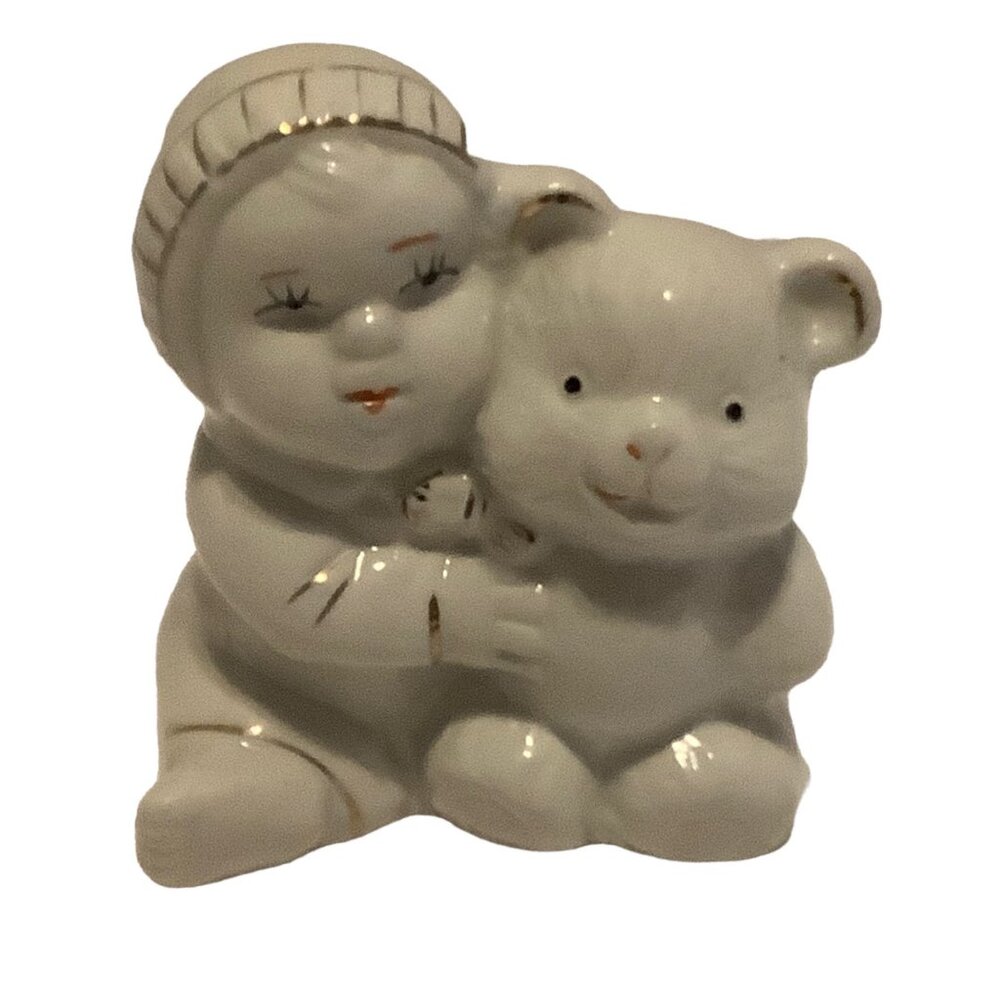 Vtg GOT Porcelain Baby Girl Holding Teddy Bear Figurine Decor 3” Gold Gilding